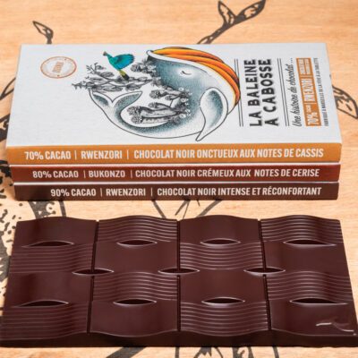 Pack de 3 tablettes de chocolat noir d’Ouganda : Rwenzori 70%, Bukonzo 80%, Twenzori 90%